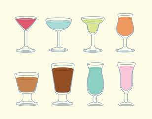 Various types of glasses with drinks, cocktail, margarita, juice, coffee, smoothie, hot chocolate. Set of glassware. Flat style vector illustration