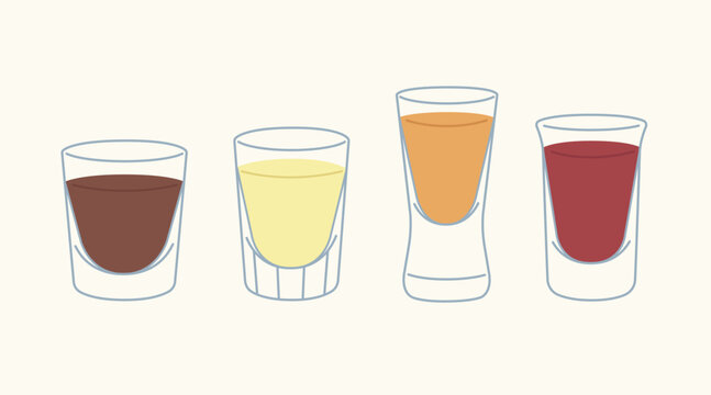 Different type of glassware with drinks. Set of shot glasses. Flat style vector illustration