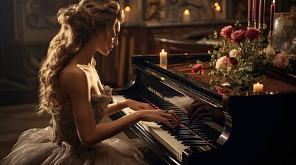 Image of woman pianist dressed in white classical dress with flowers on piano playing classical music. Music banner - obrazy, fototapety, plakaty