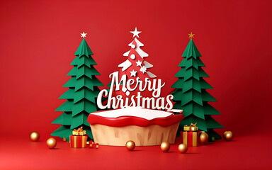 Merry Christmas text and decoration on red background. Christmas greeting card design. 3D Rendering, 3D Illustration, Hand made illustration