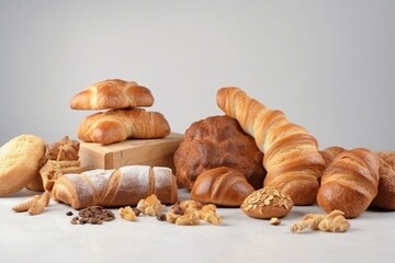 Bakery products arranged on light background. Concept of bakery and technology. Generative AI