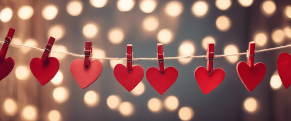 Lovely and cheerful scene for marking occasions of affection, union, or life - Red hearts hanging from wooden pegs on a string, with bokeh lights in the background. - Powered by Adobe