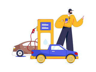 Vector Internet operation hand-drawn illustration of people getting discounts for refueling their cars
