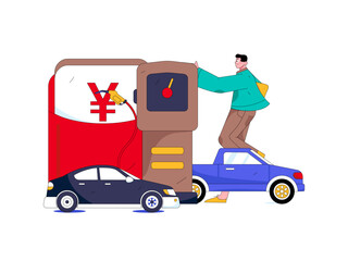 Fototapeta premium Vector Internet operation hand-drawn illustration of people getting discounts for refueling their cars 