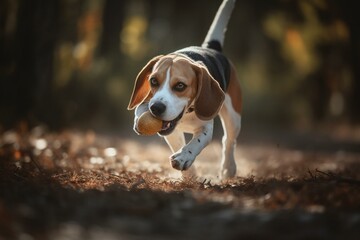 Energetic beagle playing outside with a toy and running towards the camera. Generative AI