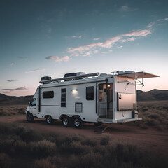 Desert Oasis: Modern RV in a Serene Desert Landscape at Dusk