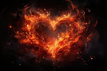 An abstract artistic composition of a heart made of fire and flames with sparks against a black background, possibly for events like Valentine's Day. - obrazy, fototapety, plakaty