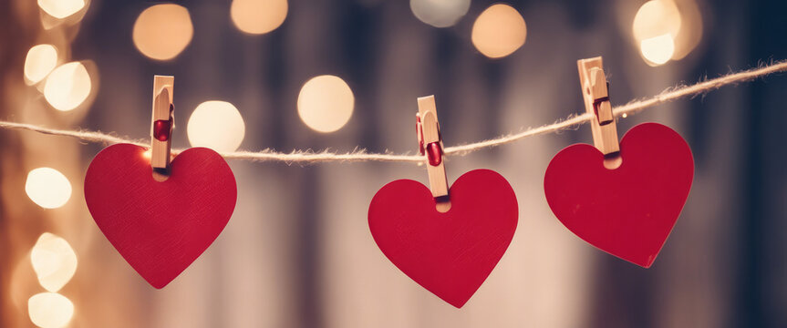 Simple and sweet image of a festive decoration for various celebrations of love and joy - Red hearts attached to wooden pins on a line, with soft lights in the background.