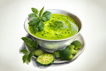 watercolor green broccoli soup with vegetables on a bowl