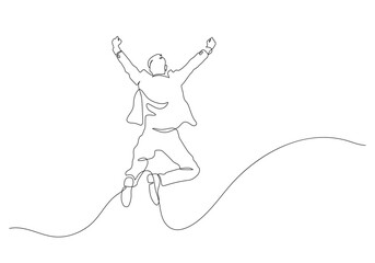 happy business man in mid air jumping successful and freedom continuous line drawing