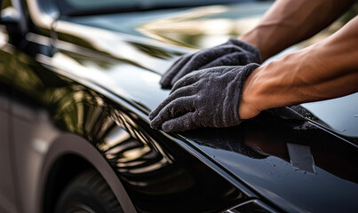 Man is detailing car with microfiber cloth, car cleaning and detailing concept