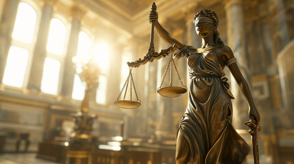 Statue of Lady Justice in Sunlit Courtroom - obrazy, fototapety, plakaty