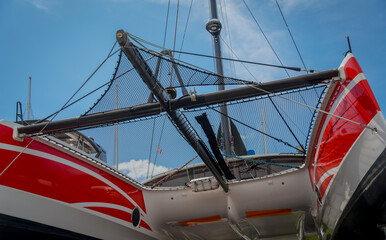 Motor yacht moored for repairs and service in dry dock