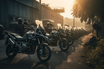 Motorcycle convoy parked on urban road during travel expedition. Bikers group adventure theme. Generative AI