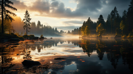 Fototapeta premium Sunrise Serenity - Misty Lake Landscape Photography
