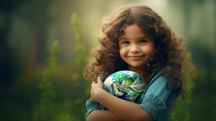 Happy Little Girl Hugging Planet Earth. Kid Embracing Globe Earth for World Protection, Earth Day, World Environment Day, Save th World. Zero Carbon Dioxide Emissions - obrazy, fototapety, plakaty