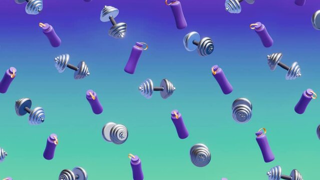 Fitness dumbbells and water bottles against a gradient blue background.