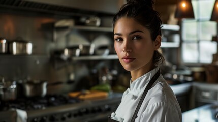 Female Chef contemporary kitchen adorned with sleek appliances and a minimalist design, a smart and skilled female chef stands confidently amidst the culinary tools of her trade