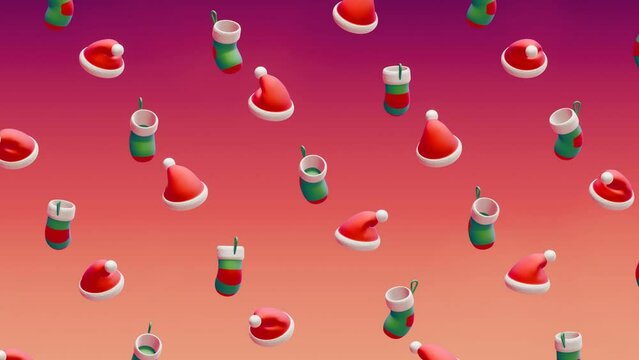 Festive floating Santa hats and Christmas socks on a gradient background.