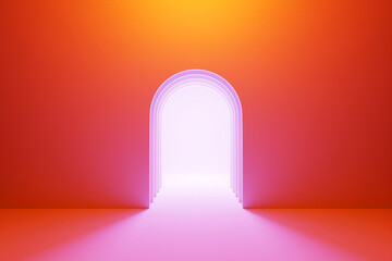 Realistic  orange  arch door. Minimal scene for products showcase, Promotion display. 3d illustration