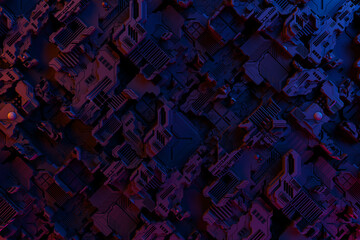 Detail of a futuristic  machine. 3D illustration of a futuristic wall made of various details. Cyberpunk background. Industrial wallpaper. Grunge details