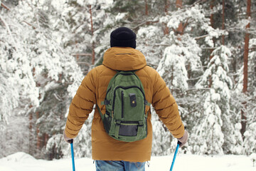 guy in a yellow down jacket with Nordic walking sticks. young man on a walk in the winter forest.