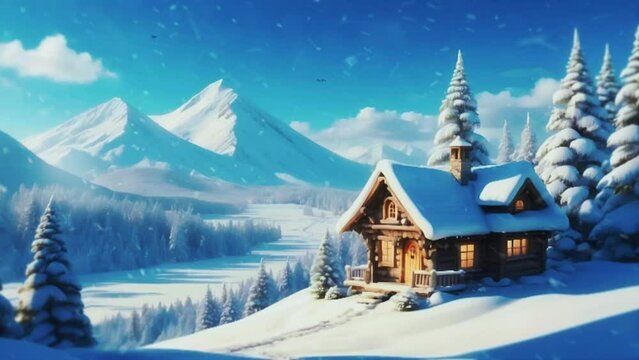 Natural landscape scene house in the mountain with snowfall animation
