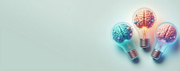 Three lightbulbs containing brains, intelligence, ideas, innovation, and critical thinking, pastel colors, generative ai