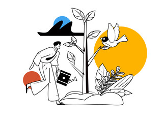 Flat character vector concept operation hand drawn illustration of planting trees on Arbor Day in spring
