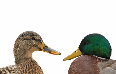 Anas Platyrhynchos. Wild duck male and female couple close-up portrait. Isolated on white backgound. Copy space for placement of text. Czech republic nature.