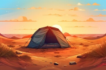 Illustration of an open camping tent with cushions and blanket on sandy terrain near dry grass, against a beautiful sunset sky. Generative AI