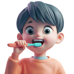 Cute boy brushing his teeth, 3d design. Suitable for health and education