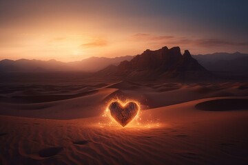 Heart shape in desert with mountain and glowing light. Fantasy 3D render art. Generative AI