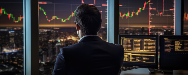 Stock trader businessman looking at graph stock market on screen analyzing investment strategy and financial risks