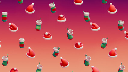Festive floating Santa hats and Christmas socks on a gradient background.