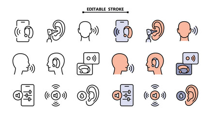 Hearing Aid Collection Icons Set. Editable stroke. Hear Music Earphones And Dynamic, Hearing Device And Volume Button Concept Color Flat Pictograms. Vector Simple Illustration.
