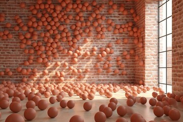 Indoor setting. Wall made of bricks. Balls scattered around. Digital three-dimensional representation. Generative AI
