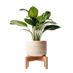 Indoor plant in a pot on a wooden stool, cut out
