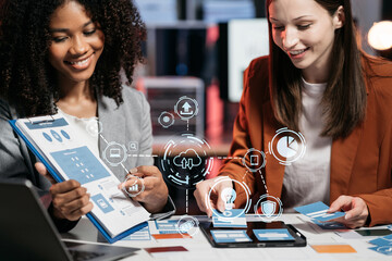 Creative team web designer feel happy work complete Teamwork planning application to analyzing...