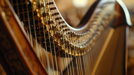 Close-up of a golden harp's strings.