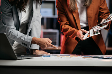Creative team web designer feel happy work complete Teamwork planning application to analyzing...