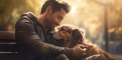 Warm candid moment of a man embracing his loyal dog on a sunlit bench, capturing friendship and affection.
