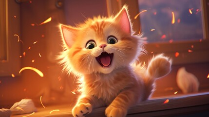 Joyful animated kitten playing with sparkling embers; perfect for family content and cheerful themes. - obrazy, fototapety, plakaty