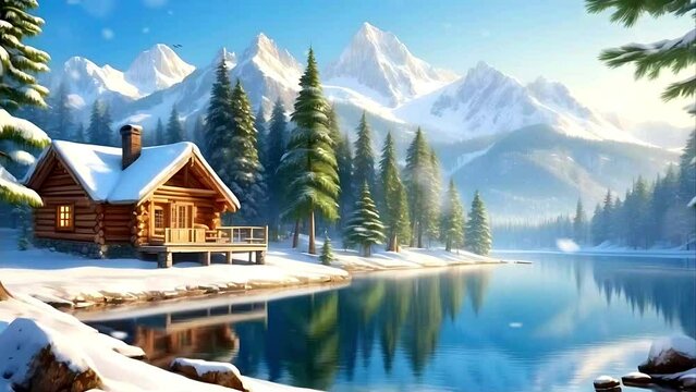 Lakeside log cabin in winter with snowfall, mountain background
