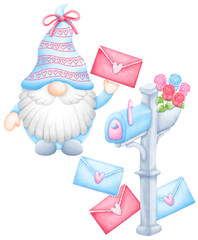 Romantic Watercolor Valentines Gnome Illustration for Greeting Cards