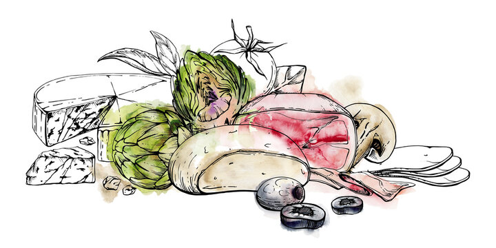 watercolor food arrangement, cheese, artichoke, tomato clip art preview