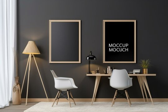 Mockup poster in home interior background, home office, 3d render. Generative AI