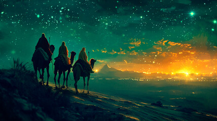 three wise men on camels follow a shining star, Biblical Nativity scene. Generative AI