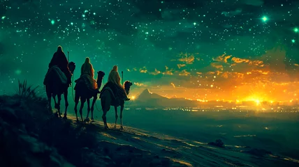 Fototapeten three wise men on camels follow a shining star, Biblical Nativity scene. Generative AI © Yuriy Maslov