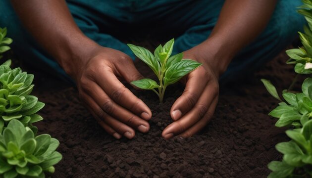  a person kneeling down with their hands on top of a dirt ground and a plant in the middle of the ground, with green leaves on top of the ground.